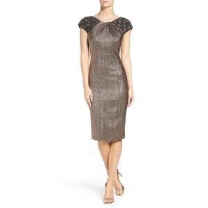 Badgley Mischka Size 4 Small Beaded Sleeve Metallic Sheath Knee Length Dress